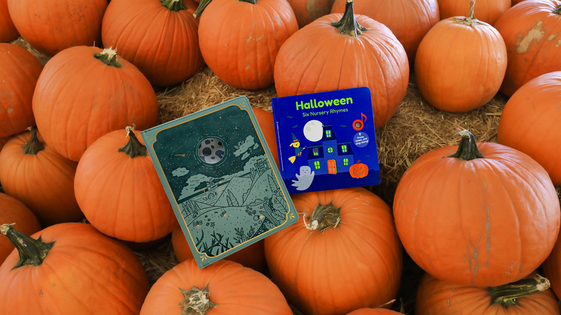 Close up of picture books on a pile of pumpkins. Arts and crafts, kids activities, Autumn activities, halloween.